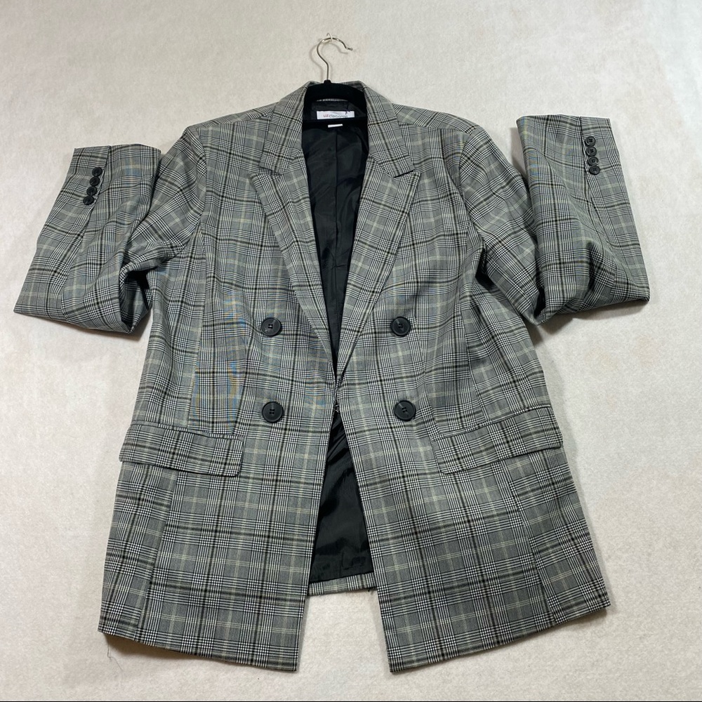 Glen Check Plaid Pant Suit Blazer Paper Bag Waist Pant Liz Claiborne Gray Black - Picture 9 of 16